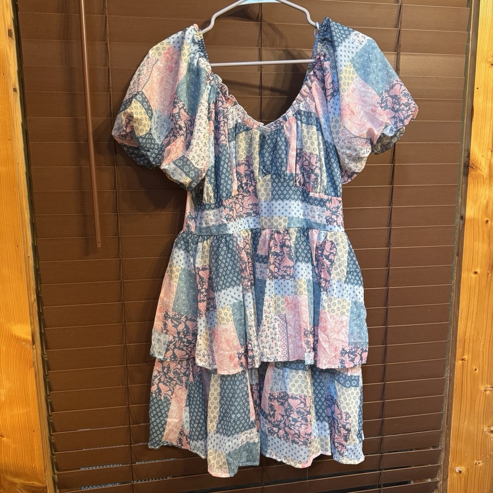 Simply Southern Lily Quilted Patchwork Mini Dress Blue Milkmaid Tiered Size L